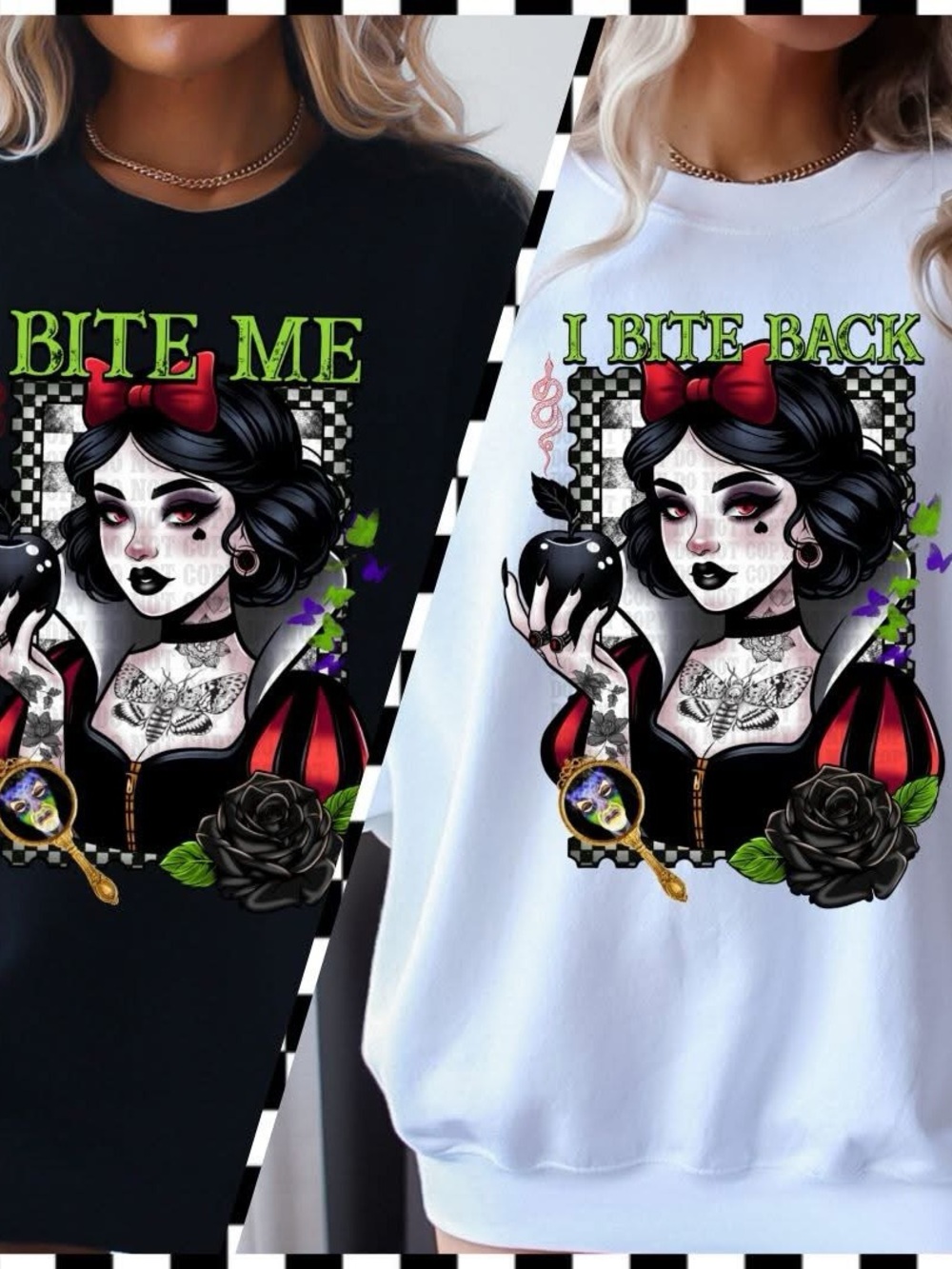 Bite Back Graphic Sweatshirt and Tshirt One White Sweatshirt One Black Tshirt